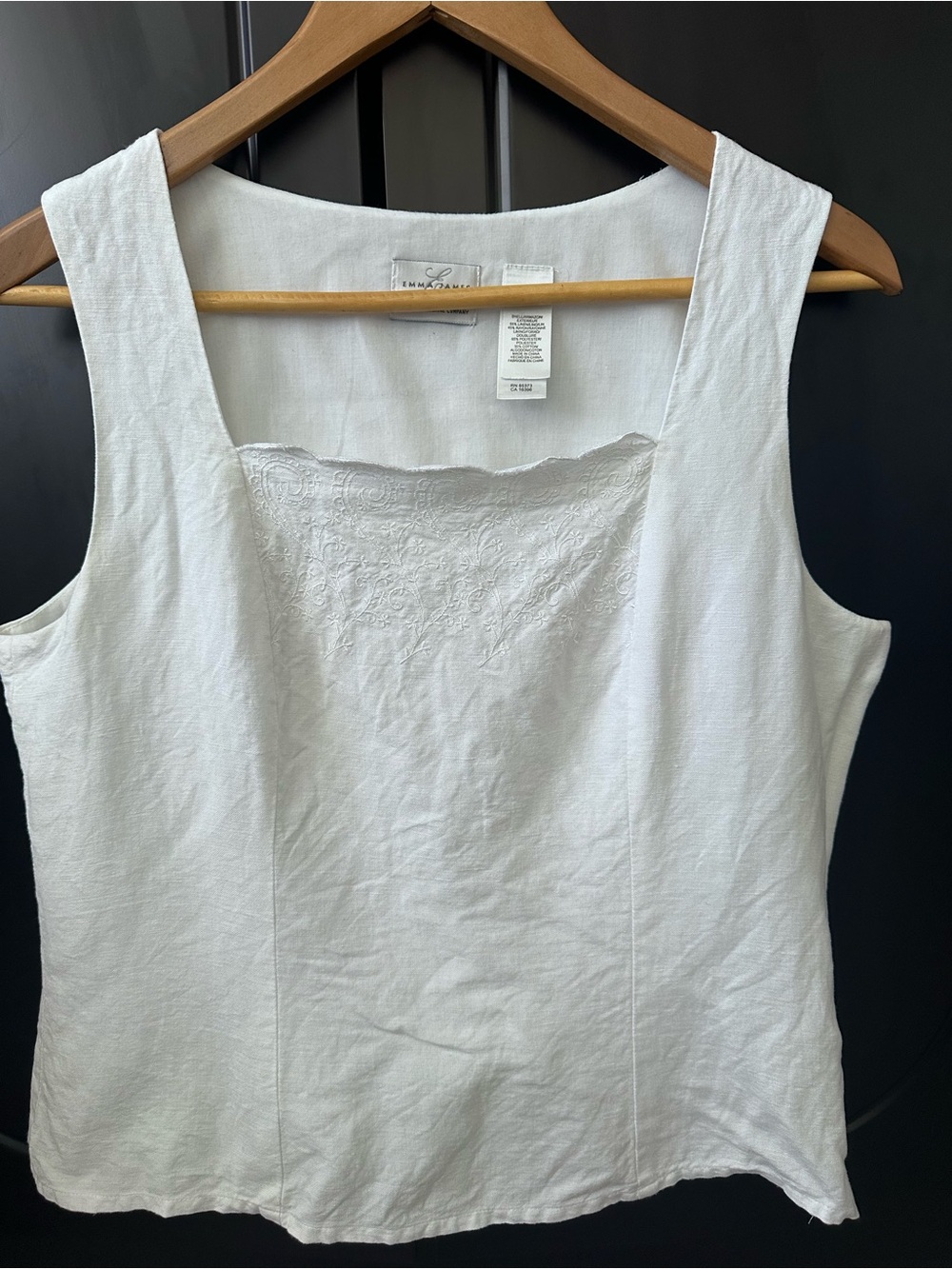 Vintage Emma James White Linen- blend Square-Neck Tank with Embroidered